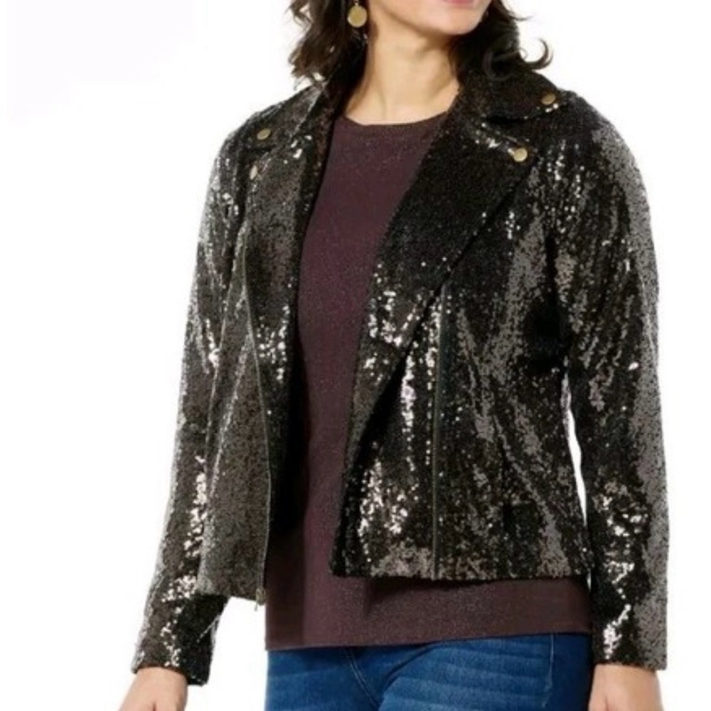 Colleen Lopez Black Sequin Moto Jacket
